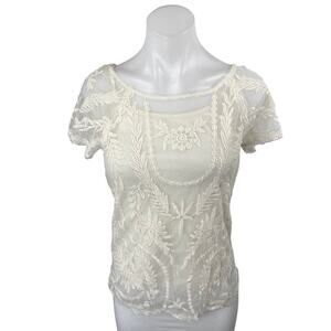 Adiva Women's White Floral Embroidered Lace Overlay Short Sleeve Bloue Top Sz S
